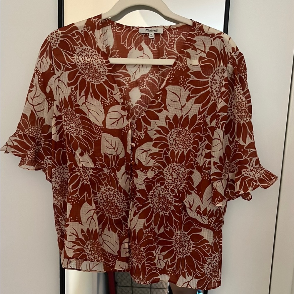 Madewell Red Ruffled Silk Short Sleeve Blouse